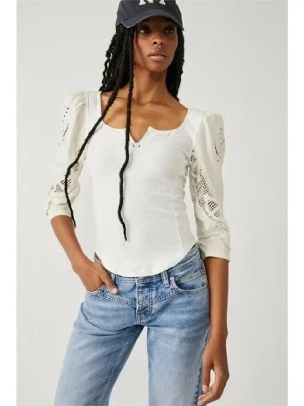 Free People Brunch Date Top Large Moon Glow Ivory Lace Puff Sleeve Boho Blouse